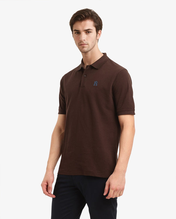 Rare Rabbit Men Dive Dark Brown Cotton Fabric Short Sleeve Button Closure Regular Fit Embroidered Logo Plain Polo T-Shirt