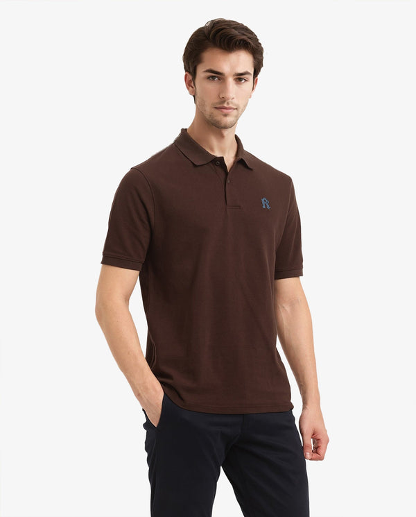Rare Rabbit Men Dive Dark Brown Cotton Fabric Short Sleeve Button Closure Regular Fit Embroidered Logo Plain Polo T-Shirt
