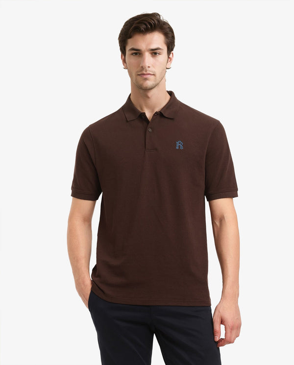 Rare Rabbit Men Dive Dark Brown Cotton Fabric Short Sleeve Button Closure Regular Fit Embroidered Logo Plain Polo T-Shirt
