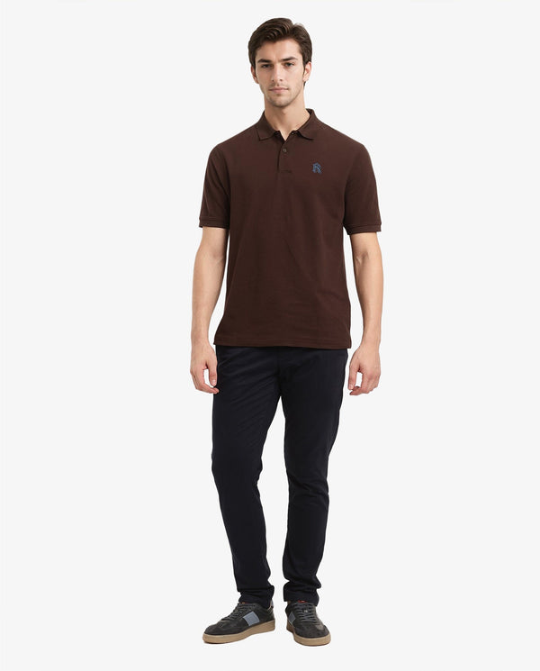 Rare Rabbit Men Dive Dark Brown Cotton Fabric Short Sleeve Button Closure Regular Fit Embroidered Logo Plain Polo T-Shirt