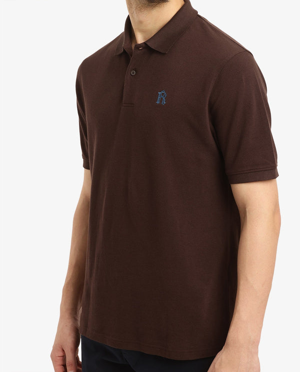 Rare Rabbit Men Dive Dark Brown Cotton Fabric Short Sleeve Button Closure Regular Fit Embroidered Logo Plain Polo T-Shirt