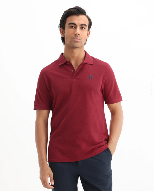 Rare Rabbit Men Dive Red Cotton Fabric Short Sleeve Button Closure Regular Fit Embroidered Logo Plain Polo T-Shirt