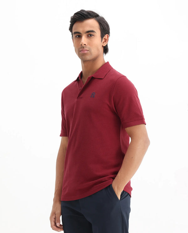 Rare Rabbit Men Dive Red Cotton Fabric Short Sleeve Button Closure Regular Fit Embroidered Logo Plain Polo T-Shirt