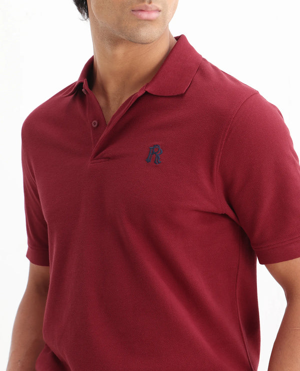 Rare Rabbit Men Dive Red Cotton Fabric Short Sleeve Button Closure Regular Fit Embroidered Logo Plain Polo T-Shirt
