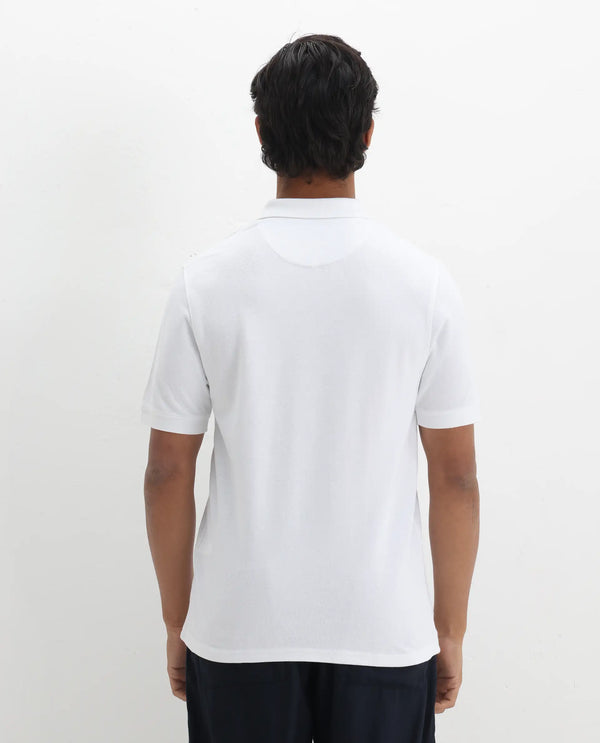 Rare Rabbit Men Dive White Cotton Fabric Short Sleeve Button Closure Regular Fit Embroidered Logo Plain Polo T-Shirt