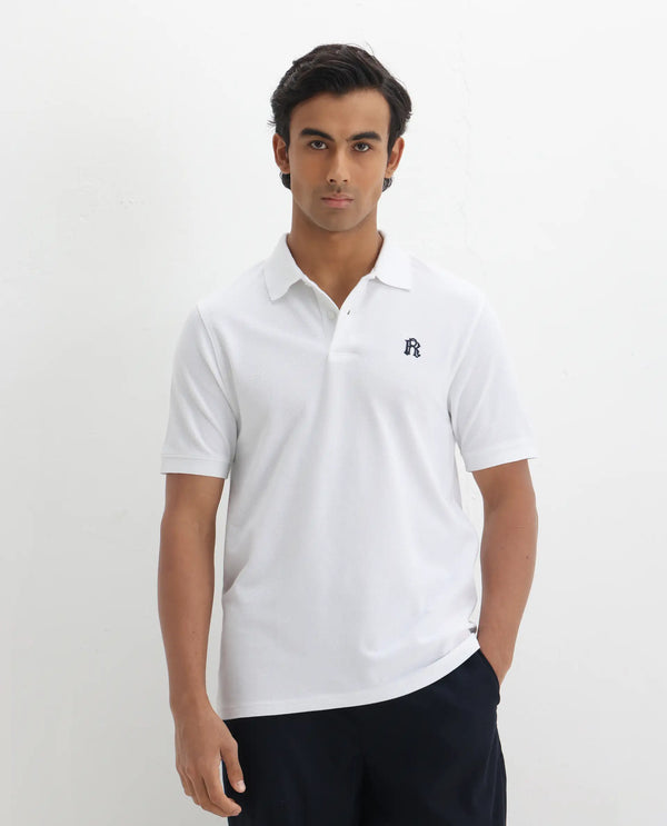 Rare Rabbit Men Dive White Cotton Fabric Short Sleeve Button Closure Regular Fit Embroidered Logo Plain Polo T-Shirt