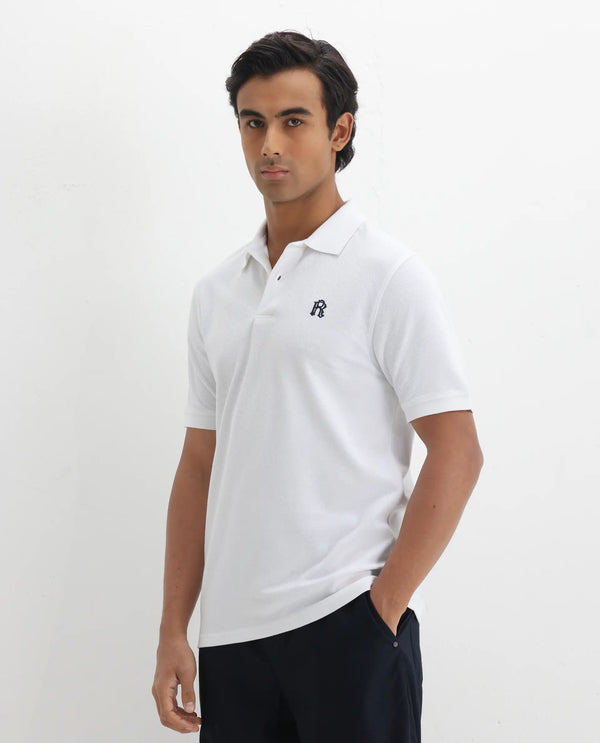 Rare Rabbit Men Dive White Cotton Fabric Short Sleeve Button Closure Regular Fit Embroidered Logo Plain Polo T-Shirt