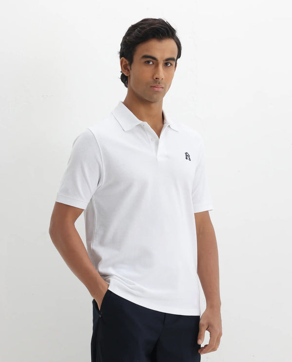 Rare Rabbit Men Dive White Cotton Fabric Short Sleeve Button Closure Regular Fit Embroidered Logo Plain Polo T-Shirt