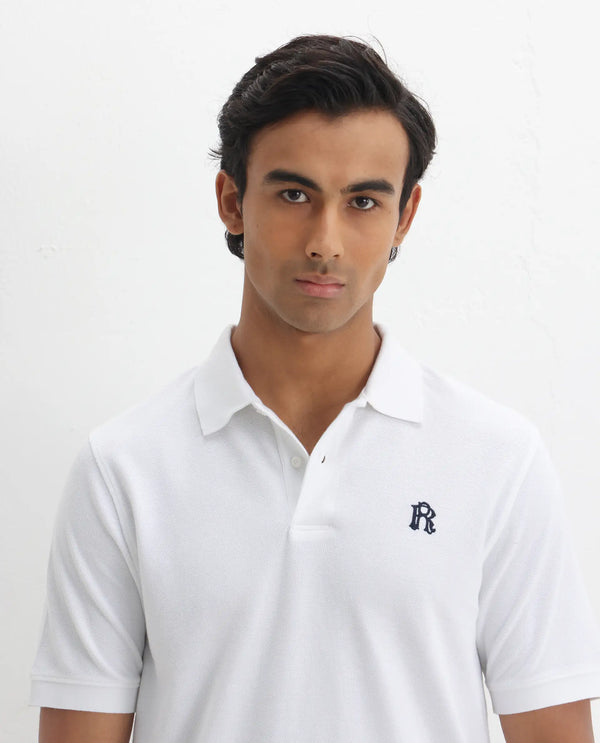 Rare Rabbit Men Dive White Cotton Fabric Short Sleeve Button Closure Regular Fit Embroidered Logo Plain Polo T-Shirt