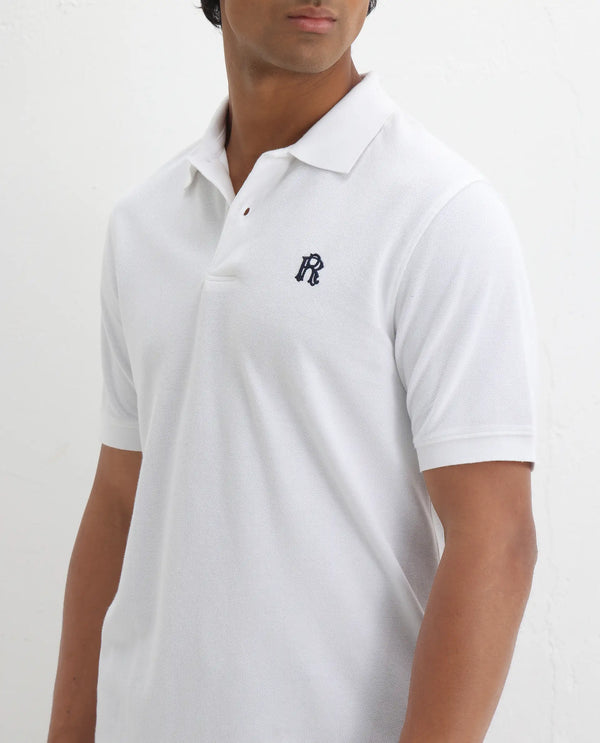 Rare Rabbit Men Dive White Cotton Fabric Short Sleeve Button Closure Regular Fit Embroidered Logo Plain Polo T-Shirt