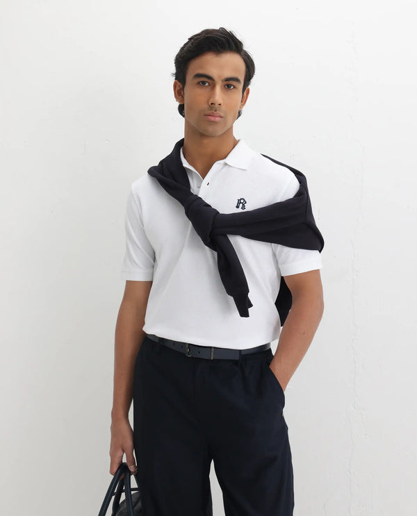 Rare Rabbit Men Dive White Cotton Fabric Short Sleeve Button Closure Regular Fit Embroidered Logo Plain Polo T-Shirt
