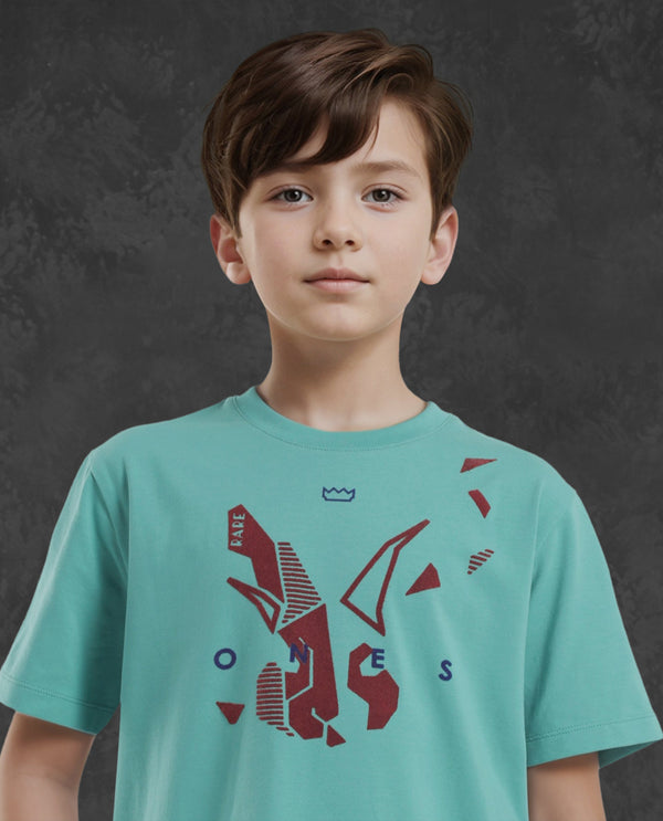 Rare Ones Kids Div Green Cotton Half Sleeves Crew Neck Regular Fit Graphic Print T-Shirt