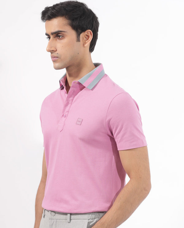Rare Rabbit Men's Divide Light Purple Cotton Fabric Striped Collar Half Sleeves Polo T-Shirt