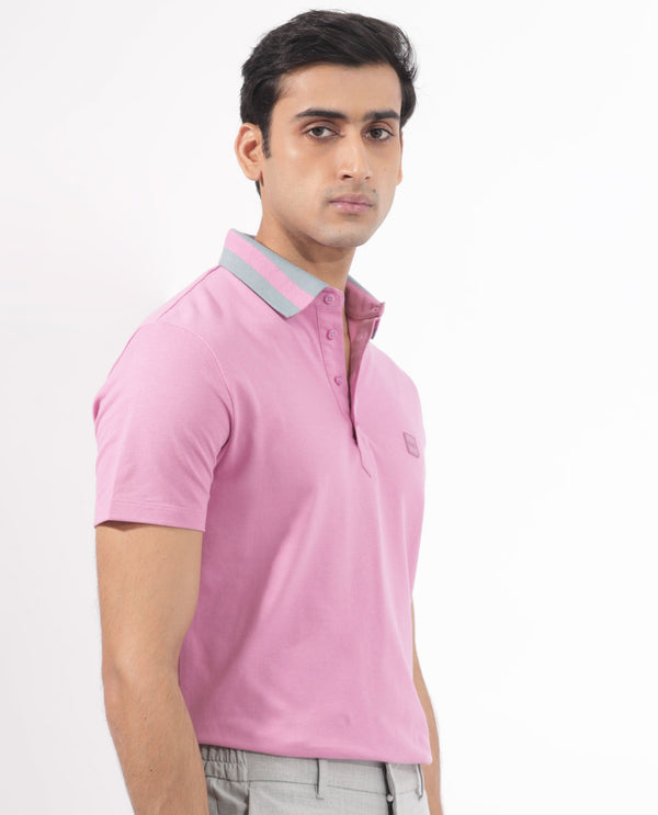 Rare Rabbit Men's Divide Light Purple Cotton Fabric Striped Collar Half Sleeves Polo T-Shirt