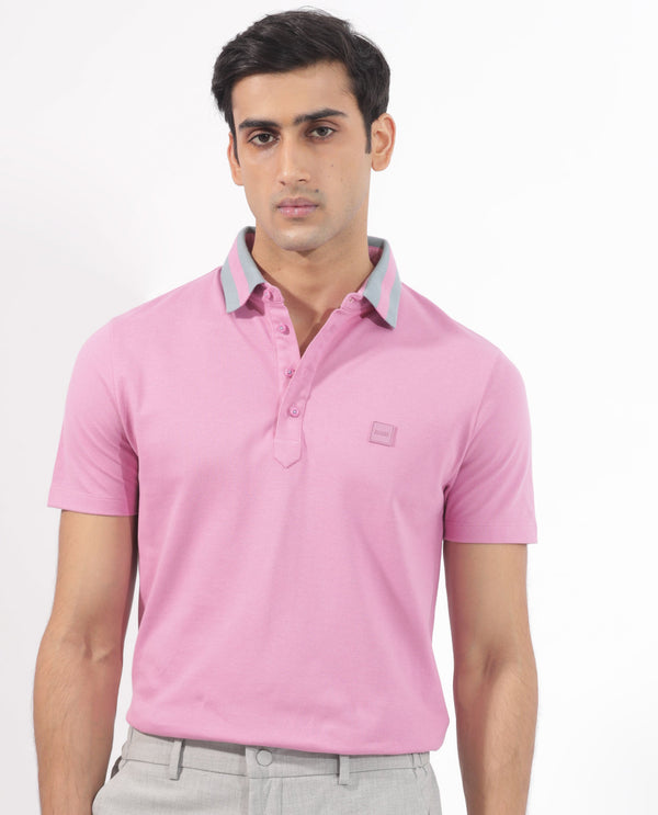 Rare Rabbit Men's Divide Light Purple Cotton Fabric Striped Collar Half Sleeves Polo T-Shirt