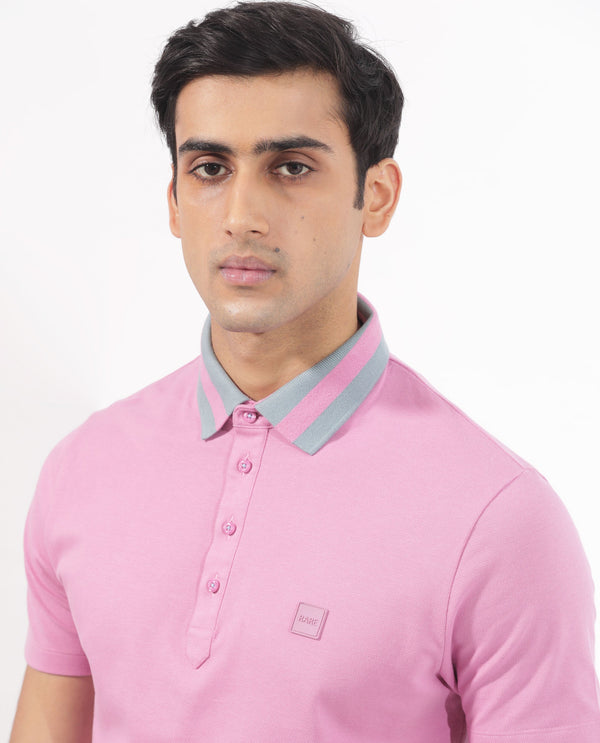 Rare Rabbit Men's Divide Light Purple Cotton Fabric Striped Collar Half Sleeves Polo T-Shirt