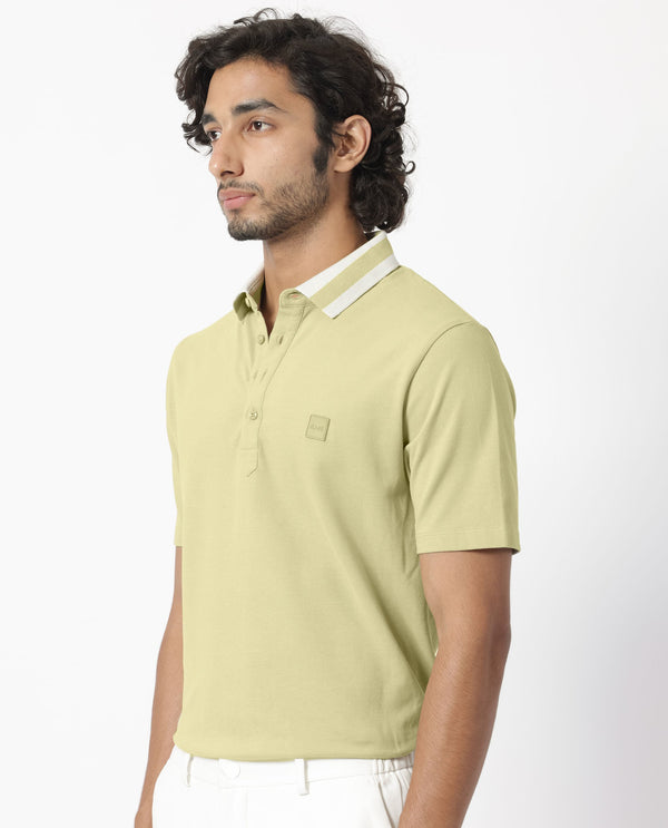 Rare Rabbit Men's Divide Dusky Green Cotton Fabric Striped Collar Half Sleeves Polo T-Shirt