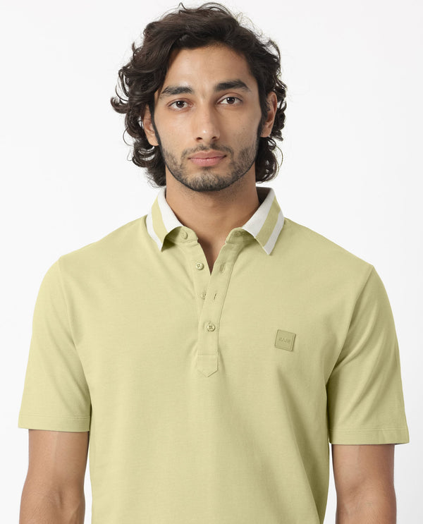 Rare Rabbit Men's Divide Dusky Green Cotton Fabric Striped Collar Half Sleeves Polo T-Shirt