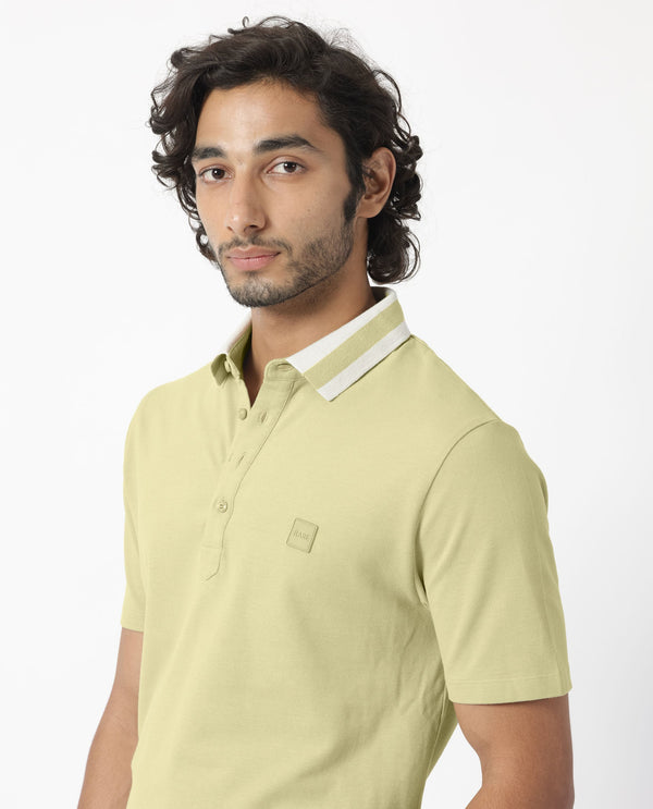 Rare Rabbit Men's Divide Dusky Green Cotton Fabric Striped Collar Half Sleeves Polo T-Shirt