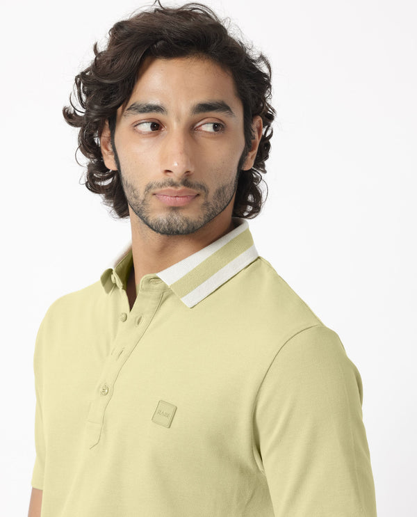 Rare Rabbit Men's Divide Dusky Green Cotton Fabric Striped Collar Half Sleeves Polo T-Shirt