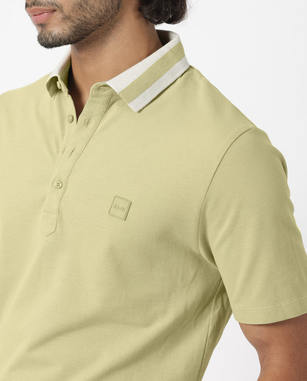 Rare Rabbit Men's Divide Dusky Green Cotton Fabric Striped Collar Half Sleeves Polo T-Shirt