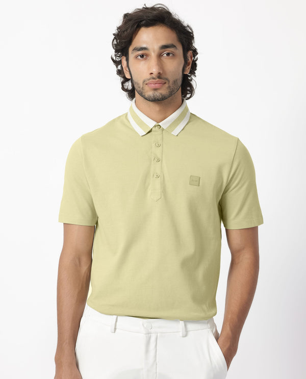 Rare Rabbit Men's Divide Dusky Green Cotton Fabric Striped Collar Half Sleeves Polo T-Shirt