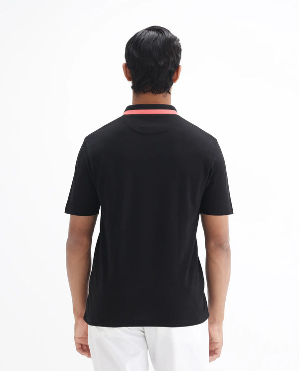Rare Rabbit Men's Divide Black Cotton Fabric Striped Collar Half Sleeves Polo T-Shirt