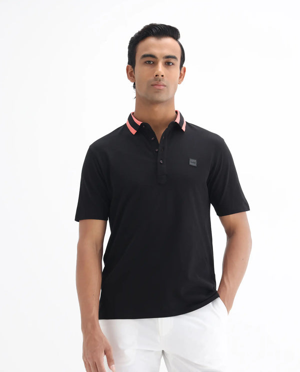 Rare Rabbit Men's Divide Black Cotton Fabric Striped Collar Half Sleeves Polo T-Shirt