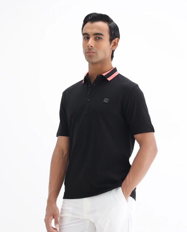 Rare Rabbit Men's Divide Black Cotton Fabric Striped Collar Half Sleeves Polo T-Shirt