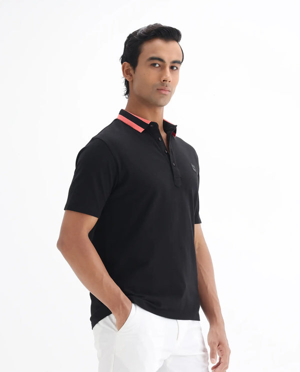 Rare Rabbit Men's Divide Black Cotton Fabric Striped Collar Half Sleeves Polo T-Shirt