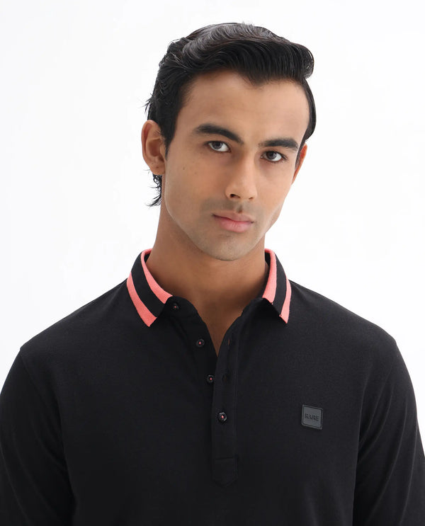 Rare Rabbit Men's Divide Black Cotton Fabric Striped Collar Half Sleeves Polo T-Shirt
