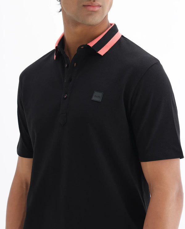 Rare Rabbit Men's Divide Black Cotton Fabric Striped Collar Half Sleeves Polo T-Shirt