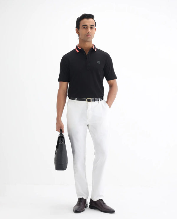 Rare Rabbit Men's Divide Black Cotton Fabric Striped Collar Half Sleeves Polo T-Shirt