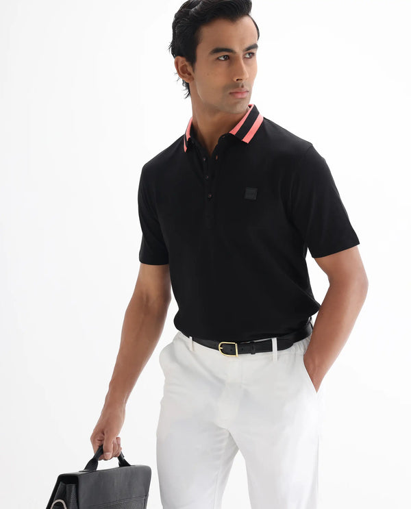 Rare Rabbit Men's Divide Black Cotton Fabric Striped Collar Half Sleeves Polo T-Shirt