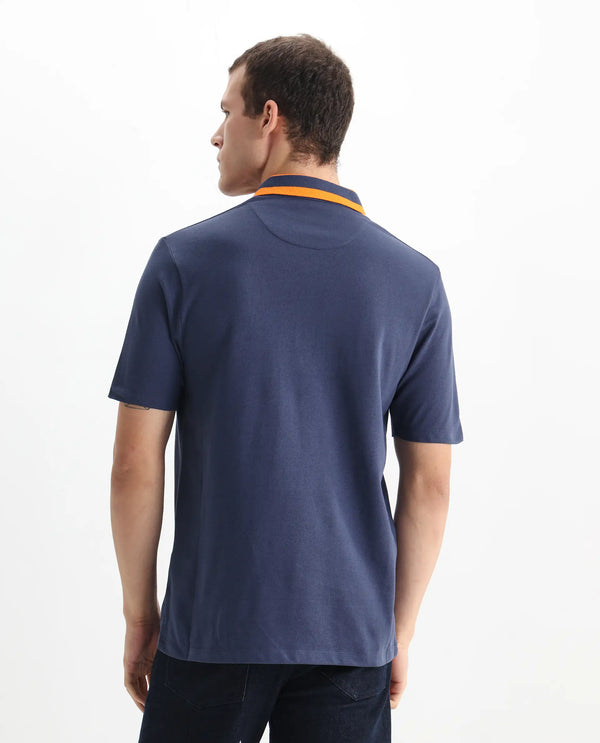 Rare Rabbit Men's Divide Dark Blue Cotton Fabric Striped Collar Half Sleeves Polo T-Shirt