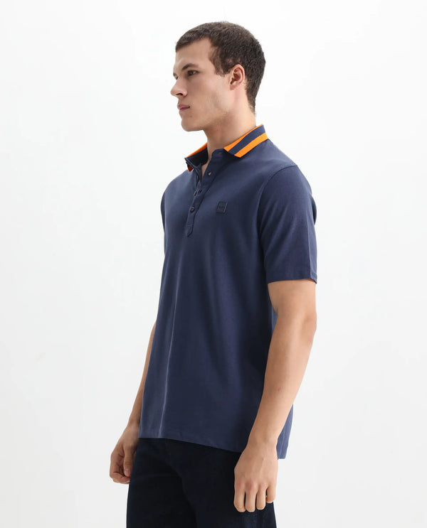 Rare Rabbit Men's Divide Dark Blue Cotton Fabric Striped Collar Half Sleeves Polo T-Shirt