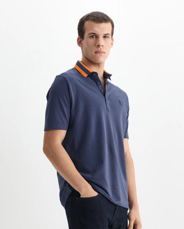 Rare Rabbit Men's Divide Dark Blue Cotton Fabric Striped Collar Half Sleeves Polo T-Shirt