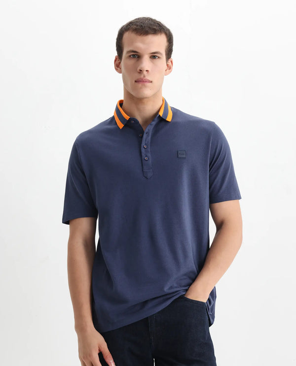 Rare Rabbit Men's Divide Dark Blue Cotton Fabric Striped Collar Half Sleeves Polo T-Shirt