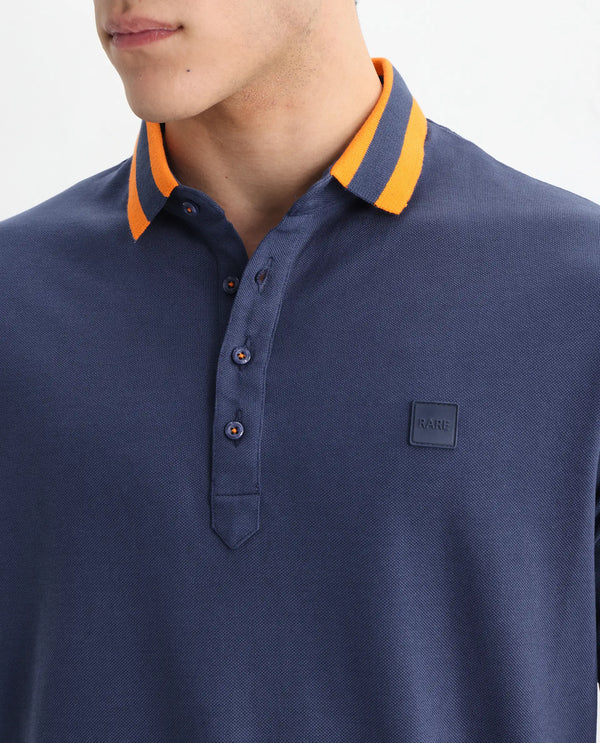 Rare Rabbit Men's Divide Dark Blue Cotton Fabric Striped Collar Half Sleeves Polo T-Shirt