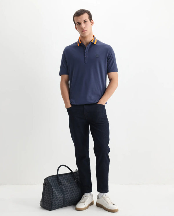 Rare Rabbit Men's Divide Dark Blue Cotton Fabric Striped Collar Half Sleeves Polo T-Shirt