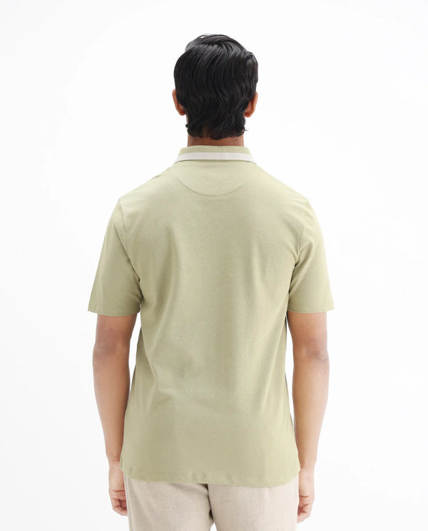 Rare Rabbit Men's Divide Dusky Green Cotton Fabric Striped Collar Half Sleeves Polo T-Shirt