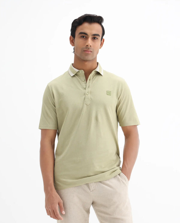 Rare Rabbit Men's Divide Dusky Green Cotton Fabric Striped Collar Half Sleeves Polo T-Shirt