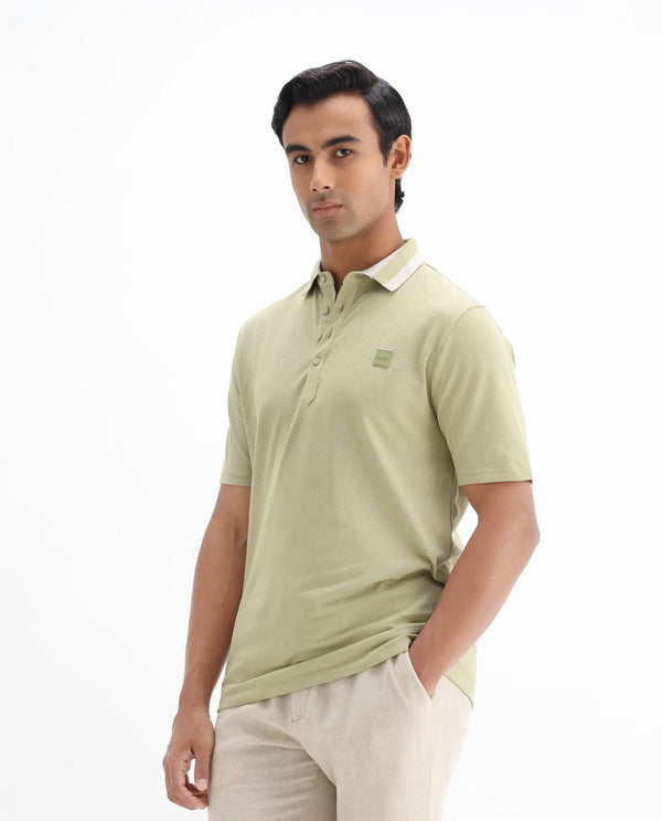 Rare Rabbit Men's Divide Dusky Green Cotton Fabric Striped Collar Half Sleeves Polo T-Shirt