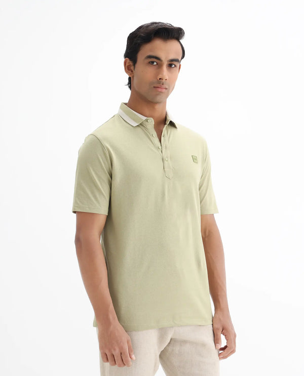 Rare Rabbit Men's Divide Dusky Green Cotton Fabric Striped Collar Half Sleeves Polo T-Shirt
