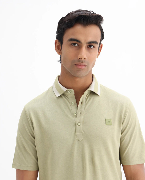 Rare Rabbit Men's Divide Dusky Green Cotton Fabric Striped Collar Half Sleeves Polo T-Shirt