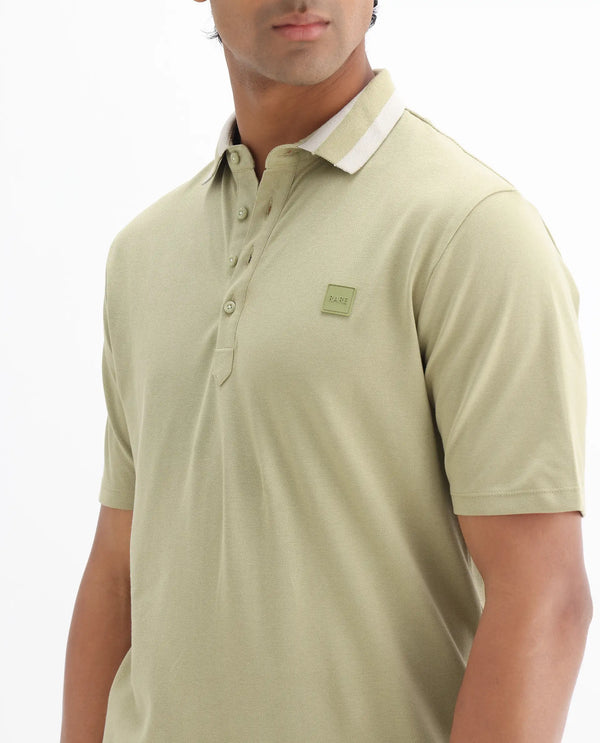 Rare Rabbit Men's Divide Dusky Green Cotton Fabric Striped Collar Half Sleeves Polo T-Shirt