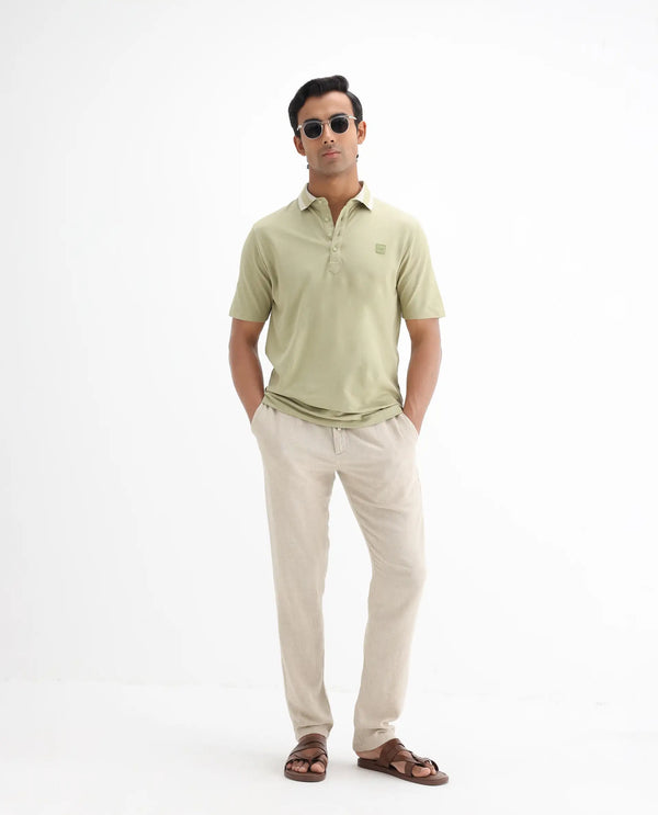 Rare Rabbit Men's Divide Dusky Green Cotton Fabric Striped Collar Half Sleeves Polo T-Shirt