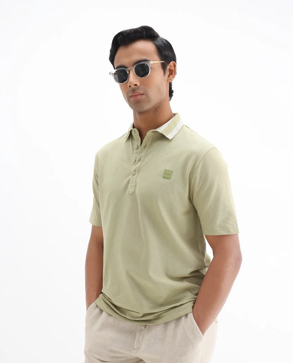 Rare Rabbit Men's Divide Dusky Green Cotton Fabric Striped Collar Half Sleeves Polo T-Shirt