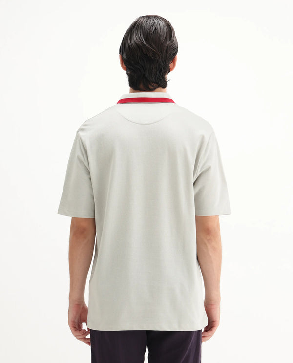 Rare Rabbit Men's Divide Light Grey Cotton Fabric Striped Collar Half Sleeves Polo T-Shirt