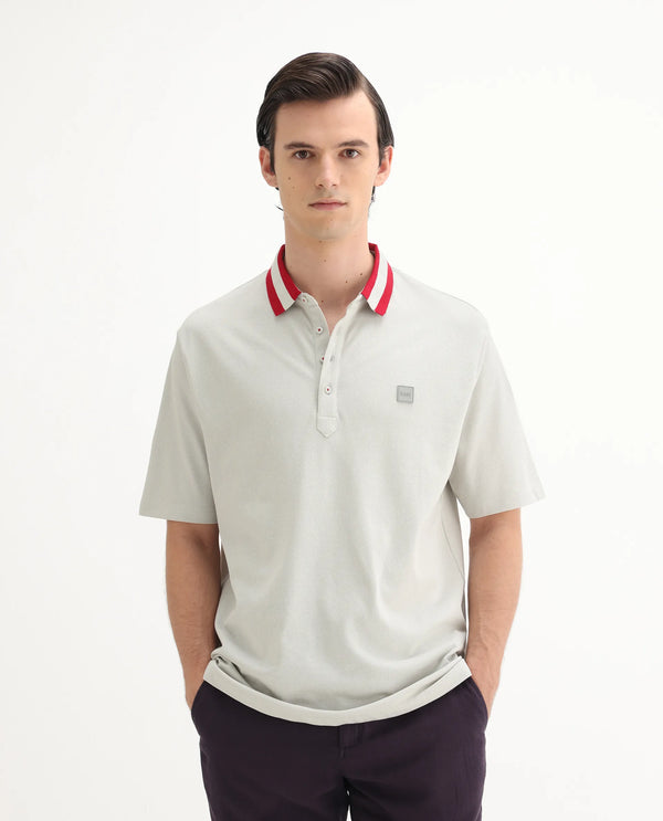 Rare Rabbit Men's Divide Light Grey Cotton Fabric Striped Collar Half Sleeves Polo T-Shirt